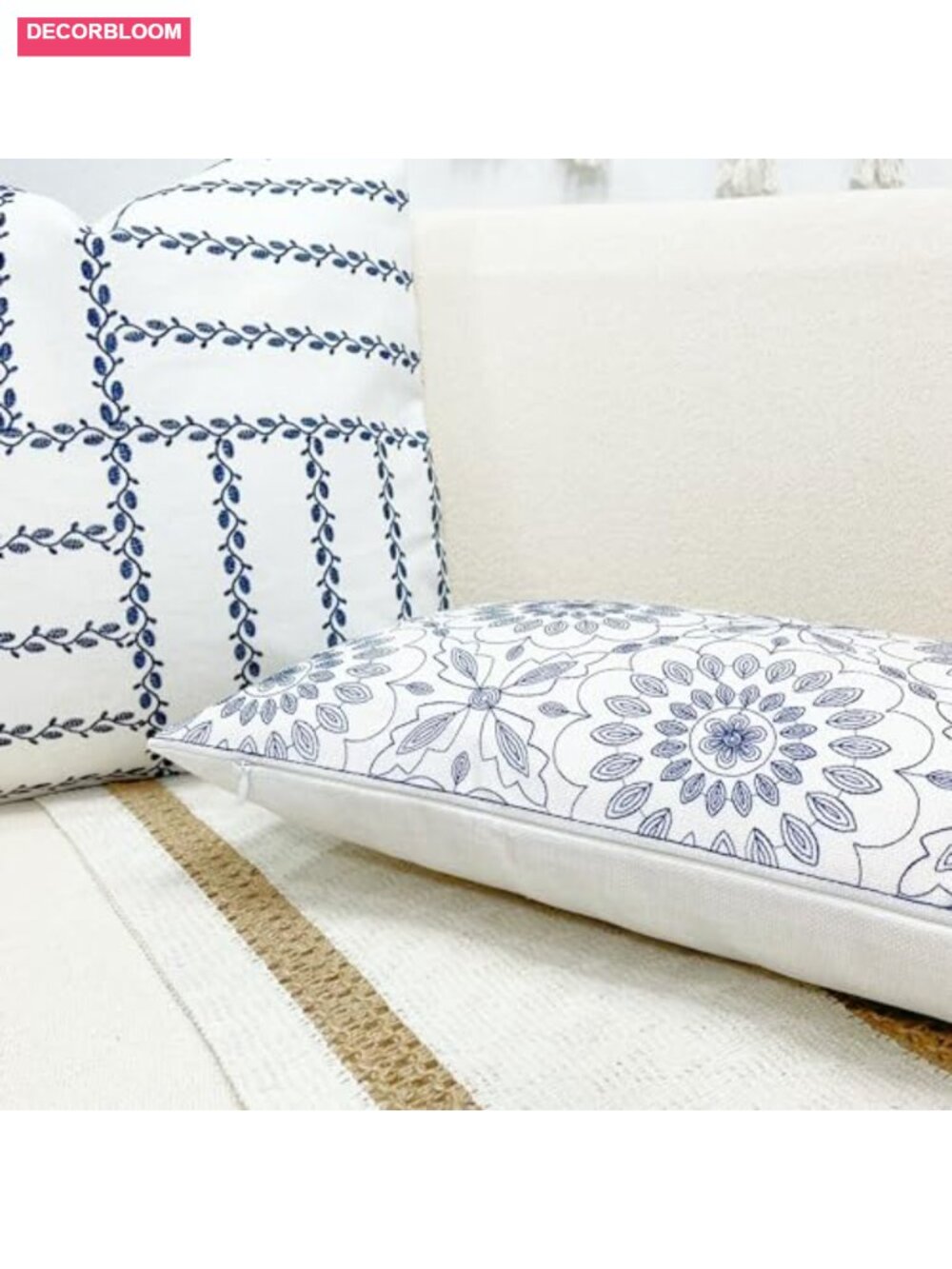 Embroidered Lumbar Throw Pillow Cover 12x20 Cotton Linen Home Decor - Picture 4 of 6